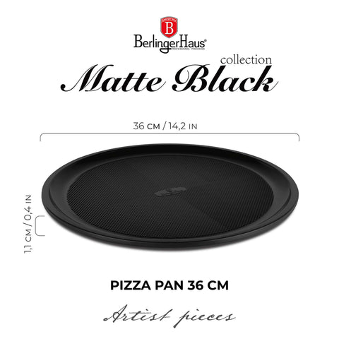 Product image of Pizza pan 36cm. Part of the Matte Black Collection/Black Rose Collection . Features: • Material: carbon steel with titanPro non-stick coating • Size: 36*1,1 cm • Color: matt black. (Studio view). Official Berlinger Haus product, boosted by Promintra sl.