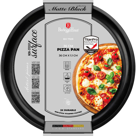 Product image of Pizza pan 36cm. Part of the Matte Black Collection/Black Rose Collection . Features: • Material: carbon steel with titanPro non-stick coating • Size: 36*1,1 cm • Color: matt black. (Studio view). Official Berlinger Haus product, boosted by Promintra sl.