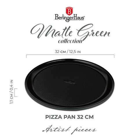 Product image of Pizza pan 32cm. Part of the Matte Green Collection . Features: • Material: carbon steel with titanPro non-stick coating • Size: 32*1,1 cm • Color: matt green. (Studio view). Official Berlinger Haus product, boosted by Promintra sl.