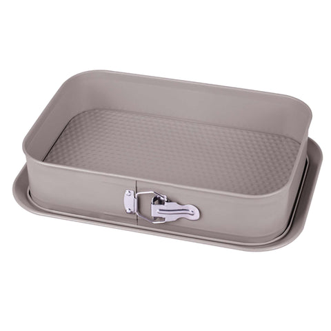 Product image of Rectangle springform 39x27cm. Part of the Taupe Collection . Features: • Material: carbon steel with titanPro non-stick coating • Size: 34,2*23,3*6,7 cm • Base size: 39*27 cm • Color: matt taupe. (Studio view). Official Berlinger Haus product, boosted by Promintra sl.