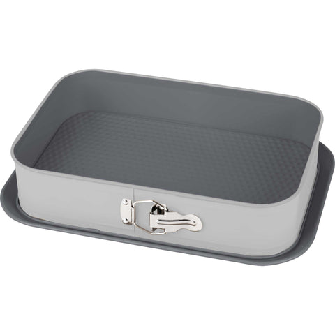 Product image of Rectangle springform 39x27cm. Part of the Aspen Collection . Features: • Material: carbon steel with titanPro non-stick coating • Size: 34,2*23,3*6,7 cm • Base size: 39*27 cm • Color: matt grey. (Studio view). Official Berlinger Haus product, boosted by Promintra sl.