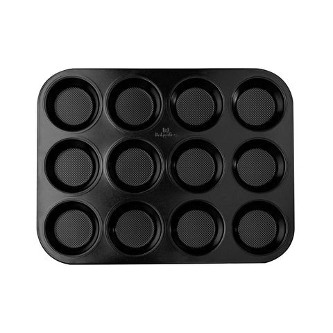 Product image of 12cups muffin pan. Part of the Leonardo Collection . Features: • Material: carbon steel with titanPro non-stick coating • Size: 35*26,5*3 cm • Color: matt bordeaux. (Studio view). Official Berlinger Haus product, boosted by Promintra sl.
