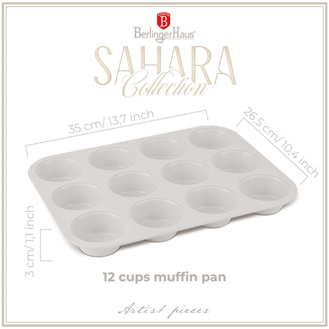 Product image of 12cups muffin pan. Part of the Sahara Collection . Features: • Material: carbon steel with titanPro non-stick coating • Size: 35*26,5*3 cm • Color: matt cream. (Studio view). Official Berlinger Haus product, boosted by Promintra sl.