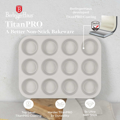 Product image of 12cups muffin pan. Part of the Sahara Collection . Features: • Material: carbon steel with titanPro non-stick coating • Size: 35*26,5*3 cm • Color: matt cream. (Studio view). Official Berlinger Haus product, boosted by Promintra sl.