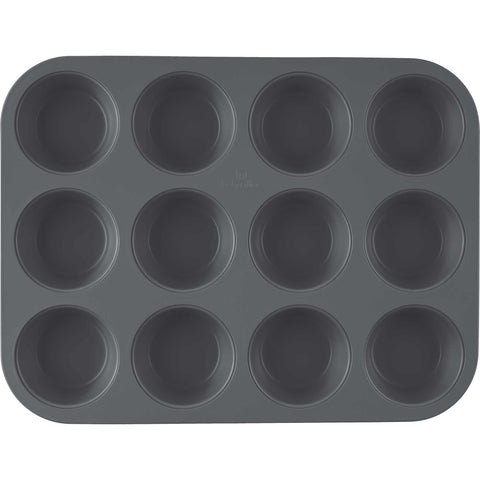 Product image of 12cups muffin pan. Part of the Aspen Collection . Features: • Material: carbon steel with titanPro non-stick coating • Size: 35*26,5*3 cm • Color: matt grey. (Studio view). Official Berlinger Haus product, boosted by Promintra sl.