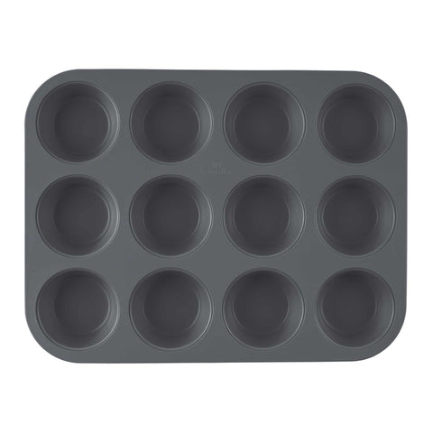 Product image of 12cups muffin pan. Part of the Aspen Collection . Features: • Material: carbon steel with titanPro non-stick coating • Size: 35*26,5*3 cm • Color: matt grey. (Studio view). Official Berlinger Haus product, boosted by Promintra sl.
