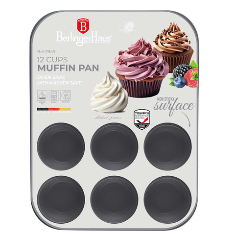 Product image of 12cups muffin pan. Part of the Aspen Collection . Features: • Material: carbon steel with titanPro non-stick coating • Size: 35*26,5*3 cm • Color: matt grey. (Studio view). Official Berlinger Haus product, boosted by Promintra sl.