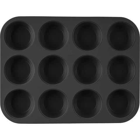 Product image of 12cups muffin pan. Part of the Matte Black Collection/Black Rose Collection . Features: • Material: carbon steel with titanPro non-stick coating • Size: 35*26,5*3 cm • Color: matt black. (Studio view). Official Berlinger Haus product, boosted by Promintra sl.