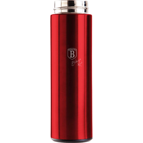 Product image of Drinking bottle with LED temperature display 450ml. Part of the Metallic Line Burgundy Edition . Features: • Material: inner body 18/10 stainless steel • Capacity: 450 ml • 18/10 stainless steel purifying filter • Color: metallic burgundy • Battery inclu.... (Studio view). Official Berlinger Haus product, boosted by Promintra sl.