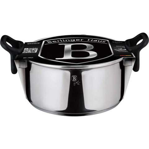 Product image of Casserole with lid 24cm. Part of the Silver Jewellery Collection . Features: • Material: stainless steel • Handle and knob: black bakelite • Casserole with lid Ø24*11,5 cm 5,2L • Color: stainless steel. (Studio view). Official Berlinger Haus product, boosted by Promintra sl.