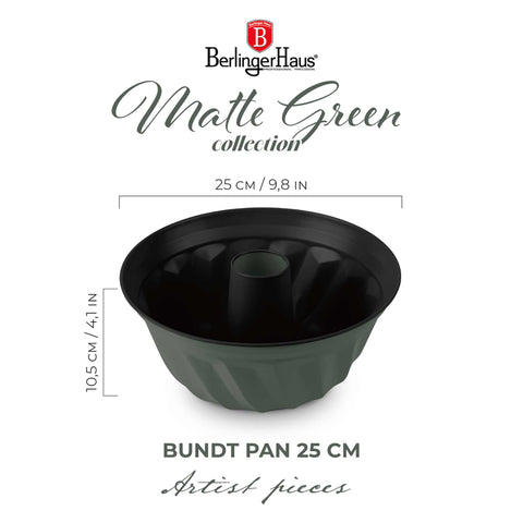 Product image of Bundt pan 25cm. Part of the Matte Green Collection . Features: • Material: carbon steel with titanPro non-stick coating • Size: 25*10,5 cm • Color: matt green. (Studio view). Official Berlinger Haus product, boosted by Promintra sl.