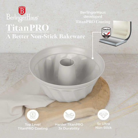 Product image of Bundt pan 25cm. Part of the Sahara Collection . Features: • Material: carbon steel with titanPro non-stick coating • Size: 25*10,5 cm • Color: matt cream. (Studio view). Official Berlinger Haus product, boosted by Promintra sl.