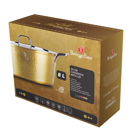 Product image of Casserole with lid 30cm. Part of the Hammered Gold Collection . Features: • Material: forged aluminum with non-stick marble coating • Casserole with lid Ø30*13,5 cm, 8L • Color: light gold REGISTERED DESIGN BY BERLINGER H.... (Giftbox view). Official Berlinger Haus product, boosted by Promintra sl.