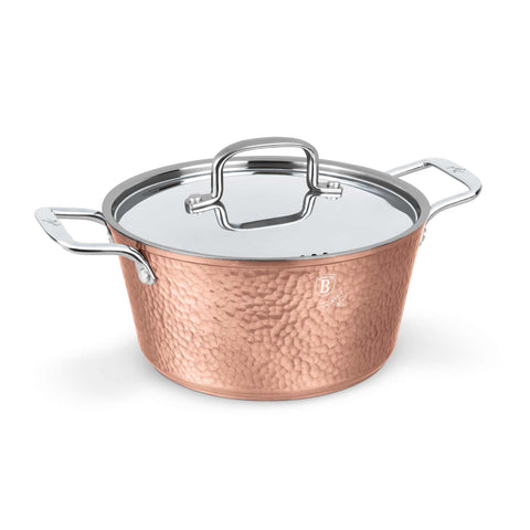 Product image of Casserole with lid 22cm. Part of the Hammered Copper Collection . Features: • Material: forged aluminum with non-stick marble coating • Casserole with lid Ø22*11,2 cm 3,3L • Color: copper REGISTERED DESIGN BY BERLINGER HAUS!. (Giftbox view). Official Berlinger Haus product, boosted by Promintra sl.