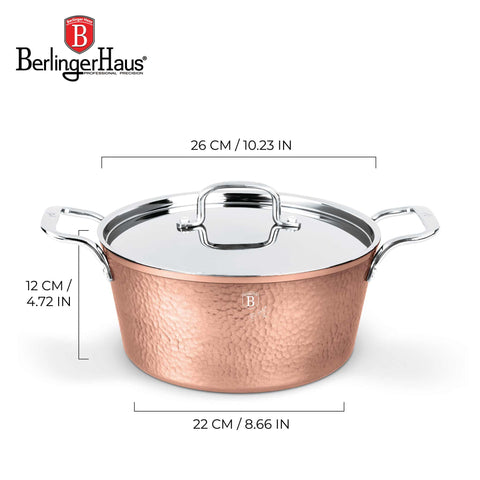 Product image of Casserole with lid 26cm. Part of the Hammered Copper Collection . Features: • Material: forged aluminum with non-stick marble coating • Casserole with lid Ø26*12,2 cm, 5,2L • Color: copper REGISTERED DESIGN BY BERLINGER HAUS!. (Giftbox view). Official Berlinger Haus product, boosted by Promintra sl.