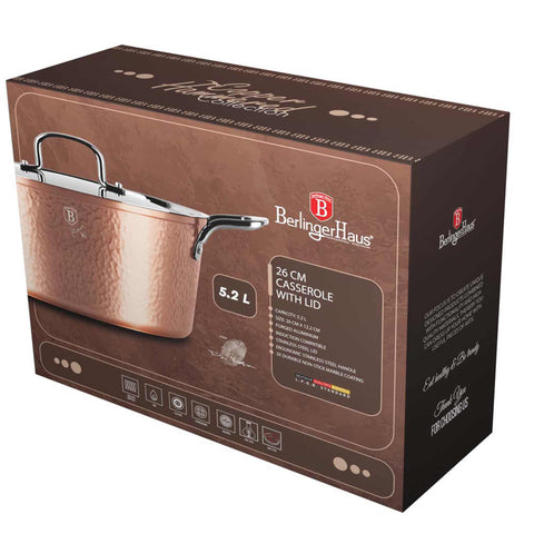 Product image of Casserole with lid 26cm. Part of the Hammered Copper Collection . Features: • Material: forged aluminum with non-stick marble coating • Casserole with lid Ø26*12,2 cm, 5,2L • Color: copper REGISTERED DESIGN BY BERLINGER HAUS!. (Giftbox view). Official Berlinger Haus product, boosted by Promintra sl.