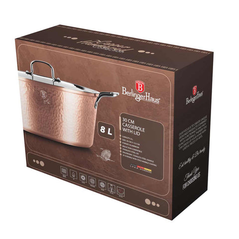 Product image of Casserole with lid 30cm. Part of the Hammered Copper Collection . Features: • Material: forged aluminum with non-stick marble coating • Casserole with lid Ø30*13,5 cm, 8L • Color: copper REGISTERED DESIGN BY BERLINGER HAUS!. (Giftbox view). Official Berlinger Haus product, boosted by Promintra sl.