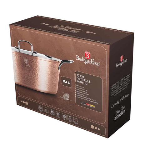 Product image of Casserole with lid 32cm. Part of the Hammered Copper Collection . Features: • Material: forged aluminum with non-stick marble coating • Casserole with lid Ø32*13,9 cm 8,1L • Color: copper REGISTERED DESIGN BY BERLINGER HAUS!. (Giftbox view). Official Berlinger Haus product, boosted by Promintra sl.