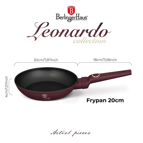 Imatge del producte de la paella de 20 cm. Part de la col·lecció Leonardo. Característiques: • Material: alumini forjat amb recobriment antiadherent TitanPro • Paella de Ø20*4,5 cm 1,0 L • Color: bordeus mat DISSENY REGISTRAT DE BERLINGER HAUS!. (Vista de l'estudi). Producte oficial de Berlinger, impulsat per Promintra sl.