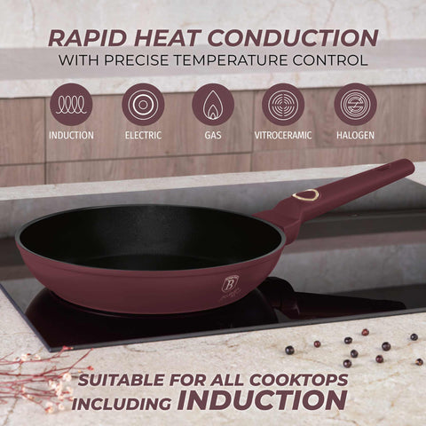 Product image of Frypan 24cm. Part of the Leonardo Collection . Features: • Material: forged aluminum with non-stick titanPro coating • Frypan Ø24*4,8 cm 1,7L • Color: matt bordeaux REGISTERED DESIGN BY BERLINGER HAUS!. (Studio view). Official Berlinger Haus product, boosted by Promintra sl.