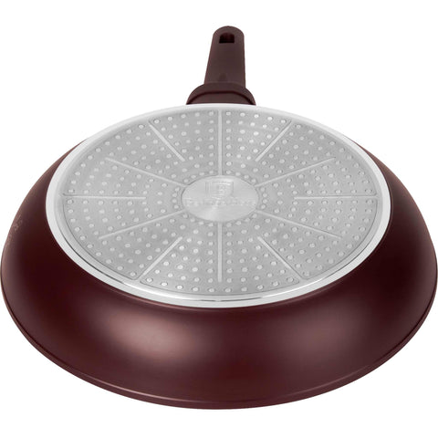 Product image of Frypan 28cm. Part of the Leonardo Collection . Features: • Material: forged aluminum with non-stick titanPro coating • Frypan Ø28*5,2 cm 2,4L • Color: matt bordeaux REGISTERED DESIGN BY BERLINGER HAUS!. (Studio view). Official Berlinger Haus product, boosted by Promintra sl.