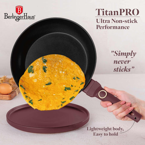 Product image of Frypan 28cm. Part of the Leonardo Collection . Features: • Material: forged aluminum with non-stick titanPro coating • Frypan Ø28*5,2 cm 2,4L • Color: matt bordeaux REGISTERED DESIGN BY BERLINGER HAUS!. (Studio view). Official Berlinger Haus product, boosted by Promintra sl.