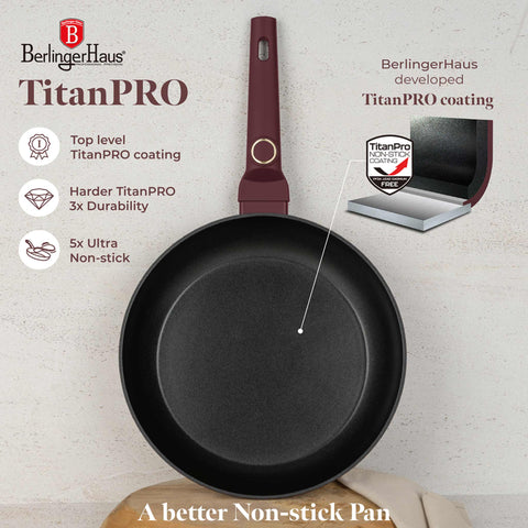 Product image of Frypan 28cm. Part of the Leonardo Collection . Features: • Material: forged aluminum with non-stick titanPro coating • Frypan Ø28*5,2 cm 2,4L • Color: matt bordeaux REGISTERED DESIGN BY BERLINGER HAUS!. (Studio view). Official Berlinger Haus product, boosted by Promintra sl.