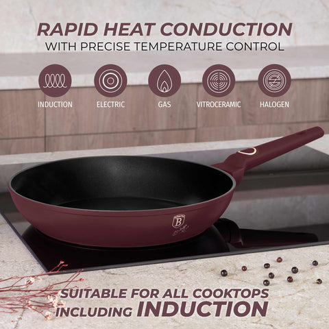 Product image of Frypan 28cm. Part of the Leonardo Collection . Features: • Material: forged aluminum with non-stick titanPro coating • Frypan Ø28*5,2 cm 2,4L • Color: matt bordeaux REGISTERED DESIGN BY BERLINGER HAUS!. (Studio view). Official Berlinger Haus product, boosted by Promintra sl.