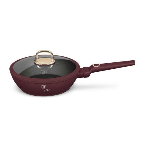Product image of Deep frypan with lid 24cm. Part of the Leonardo Collection . Features: • Material: forged aluminum with non-stick titanPro coating • Deep frypan with lid Ø24*6,5 cm 2,3L • Color: matt bordeaux REGISTERED DESIGN BY BERL.... (Studio view). Official Berlinger Haus product, boosted by Promintra sl.