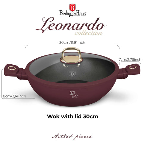 BH/8035, Wok con tapa 30cm, Burdeos mate, Wok 30 cm con tapa, Wok, Wok con tapa, Batería de cocina, Cocina, Sartenes