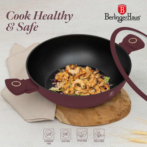 BH/8035, Wok con tapa 30cm, Burdeos mate, Wok 30 cm con tapa, Wok, Wok con tapa, Batería de cocina, Cocina, Sartenes