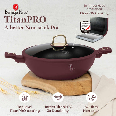 BH/8035, Wok con tapa 30cm, Burdeos mate, Wok 30 cm con tapa, Wok, Wok con tapa, Batería de cocina, Cocina, Sartenes