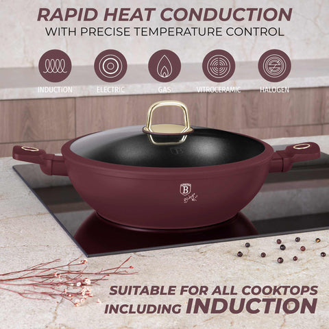 BH/8035, Wok con tapa 30cm, Burdeos mate, Wok 30 cm con tapa, Wok, Wok con tapa, Batería de cocina, Cocina, Sartenes