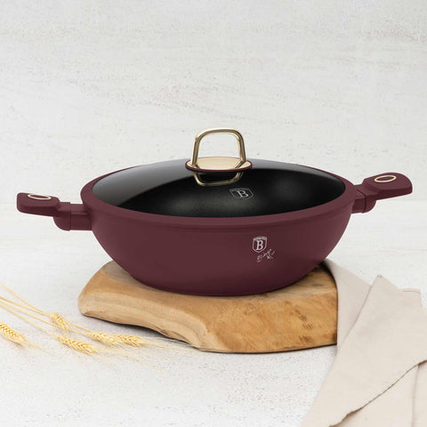 BH/8035, Wok con tapa 30cm, Burdeos mate, Wok 30 cm con tapa, Wok, Wok con tapa, Batería de cocina, Cocina, Sartenes
