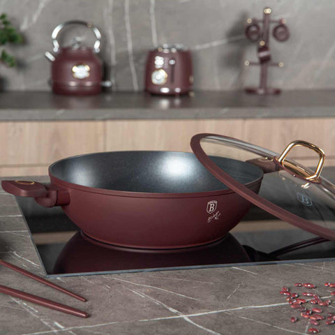BH/8035, Wok con tapa 30cm, Burdeos mate, Wok 30 cm con tapa, Wok, Wok con tapa, Batería de cocina, Cocina, Sartenes