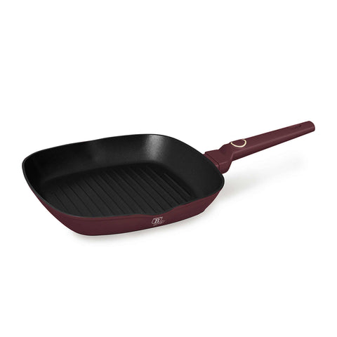 Product image of Grill pan 28cm. Part of the Leonardo Collection . Features: • Material: forged aluminum with non-stick titanPro coating • Grill pan Ø28*4,1 cm 2,1L • Color: matt bordeaux REGISTERED DESIGN BY BERLINGER HAUS!. (Studio view). Official Berlinger Haus product, boosted by Promintra sl.