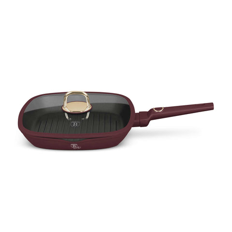 Product image of Grill pan with lid 28cm. Part of the Leonardo Collection . Features: • Material: forged aluminum with non-stick titanPro coating • Grill pan with lid Ø28*4,1 cm 2,1L • Color: matt bordeaux REGISTERED DESIGN BY BERLIN.... (Studio view). Official Berlinger Haus product, boosted by Promintra sl.