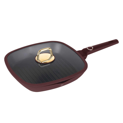 Product image of Grill pan with lid 28cm. Part of the Leonardo Collection . Features: • Material: forged aluminum with non-stick titanPro coating • Grill pan with lid Ø28*4,1 cm 2,1L • Color: matt bordeaux REGISTERED DESIGN BY BERLIN.... (Studio view). Official Berlinger Haus product, boosted by Promintra sl.
