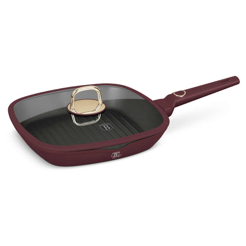 Product image of Grill pan with lid 28cm. Part of the Leonardo Collection . Features: • Material: forged aluminum with non-stick titanPro coating • Grill pan with lid Ø28*4,1 cm 2,1L • Color: matt bordeaux REGISTERED DESIGN BY BERLIN.... (Studio view). Official Berlinger Haus product, boosted by Promintra sl.