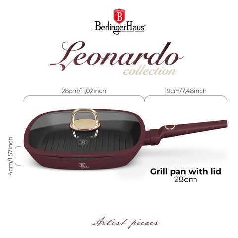 Product image of Grill pan with lid 28cm. Part of the Leonardo Collection . Features: • Material: forged aluminum with non-stick titanPro coating • Grill pan with lid Ø28*4,1 cm 2,1L • Color: matt bordeaux REGISTERED DESIGN BY BERLIN.... (Studio view). Official Berlinger Haus product, boosted by Promintra sl.