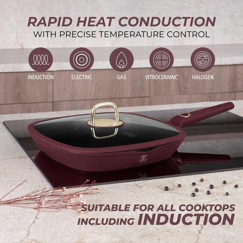 Product image of Grill pan with lid 28cm. Part of the Leonardo Collection . Features: • Material: forged aluminum with non-stick titanPro coating • Grill pan with lid Ø28*4,1 cm 2,1L • Color: matt bordeaux REGISTERED DESIGN BY BERLIN.... (Studio view). Official Berlinger Haus product, boosted by Promintra sl.