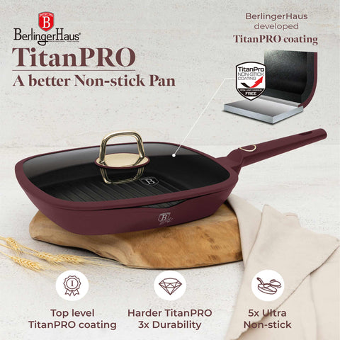Product image of Grill pan with lid 28cm. Part of the Leonardo Collection . Features: • Material: forged aluminum with non-stick titanPro coating • Grill pan with lid Ø28*4,1 cm 2,1L • Color: matt bordeaux REGISTERED DESIGN BY BERLIN.... (Studio view). Official Berlinger Haus product, boosted by Promintra sl.