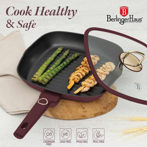 Product image of Grill pan with lid 28cm. Part of the Leonardo Collection . Features: • Material: forged aluminum with non-stick titanPro coating • Grill pan with lid Ø28*4,1 cm 2,1L • Color: matt bordeaux REGISTERED DESIGN BY BERLIN.... (Studio view). Official Berlinger Haus product, boosted by Promintra sl.
