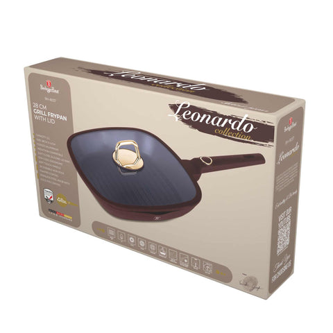 Product image of Grill pan with lid 28cm. Part of the Leonardo Collection . Features: • Material: forged aluminum with non-stick titanPro coating • Grill pan with lid Ø28*4,1 cm 2,1L • Color: matt bordeaux REGISTERED DESIGN BY BERLIN.... (Studio view). Official Berlinger Haus product, boosted by Promintra sl.