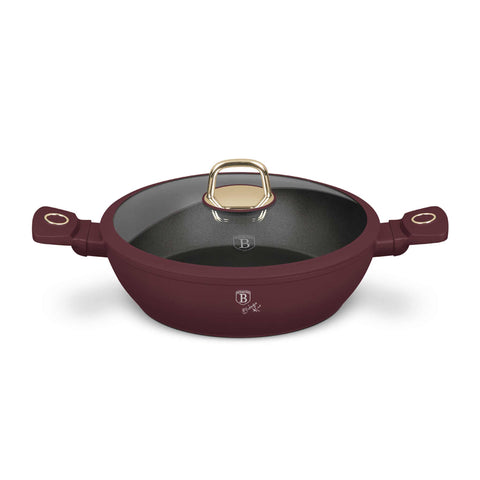 Product image of Shallow pot with lid 28cm. Part of the Leonardo Collection . Features: • Material: forged aluminum with non-stick titanPro coating • Shallow pot with lid Ø28*7,5 cm 3,8L • Color: matt bordeaux REGISTERED DESIGN BY BERL.... (Studio view). Official Berlinger Haus product, boosted by Promintra sl.