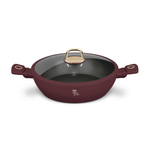 Product image of Shallow pot with lid 30cm. Part of the Leonardo Collection . Features: • Material: forged aluminum with non-stick titanPro coating • Shallow pot with lid Ø30*8 cm 4,5L • Color: matt bordeaux REGISTERED DESIGN BY BERLIN.... (Studio view). Official Berlinger Haus product, boosted by Promintra sl.