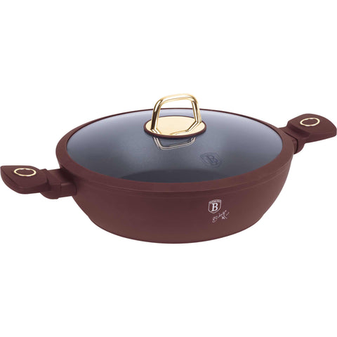 Product image of Shallow pot with lid 30cm. Part of the Leonardo Collection . Features: • Material: forged aluminum with non-stick titanPro coating • Shallow pot with lid Ø30*8 cm 4,5L • Color: matt bordeaux REGISTERED DESIGN BY BERLIN.... (Studio view). Official Berlinger Haus product, boosted by Promintra sl.