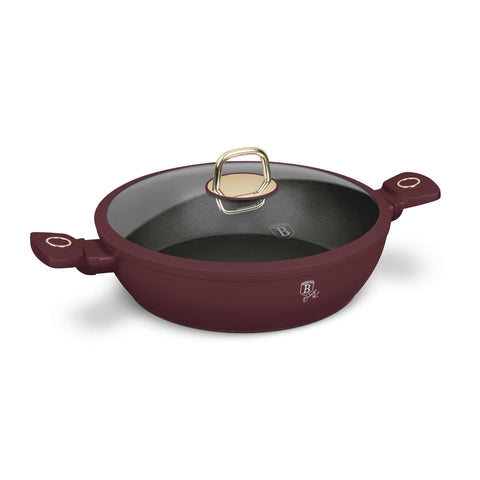 Product image of Shallow pot with lid 30cm. Part of the Leonardo Collection . Features: • Material: forged aluminum with non-stick titanPro coating • Shallow pot with lid Ø30*8 cm 4,5L • Color: matt bordeaux REGISTERED DESIGN BY BERLIN.... (Studio view). Official Berlinger Haus product, boosted by Promintra sl.