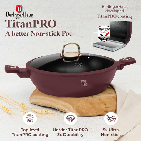 Product image of Shallow pot with lid 30cm. Part of the Leonardo Collection . Features: • Material: forged aluminum with non-stick titanPro coating • Shallow pot with lid Ø30*8 cm 4,5L • Color: matt bordeaux REGISTERED DESIGN BY BERLIN.... (Studio view). Official Berlinger Haus product, boosted by Promintra sl.