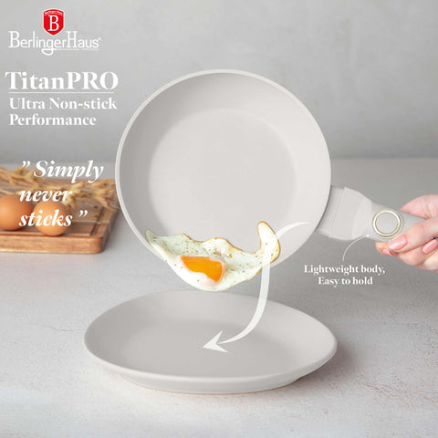 Product image of Frypan 20cm. Part of the Sahara Collection . Features: • Material: forged aluminum with non-stick titanPro coating • Frypan Ø20*4,5 cm 1,0L • Color: matt cream REGISTERED DESIGN BY BERLINGER HAUS!. (Conceptual view). Official Berlinger Haus product, boosted by Promintra sl.